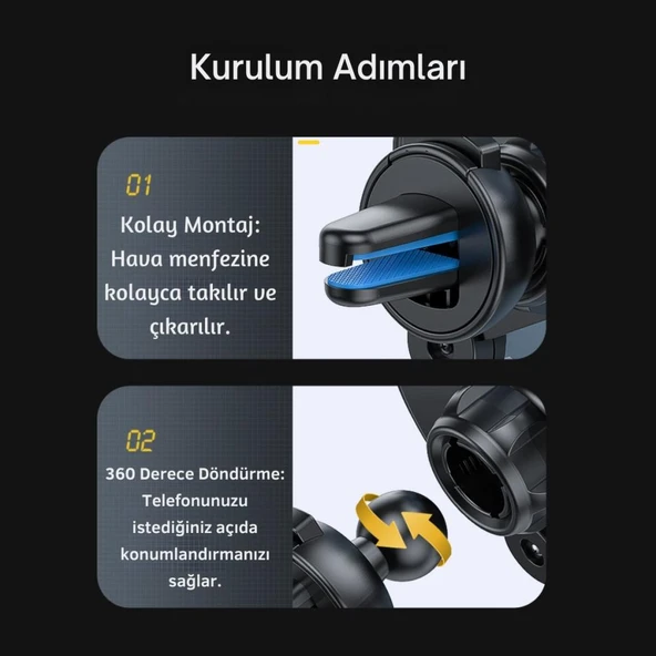 Essager Örümcek Tipi Klipsli Araç İçi Telefon Tutucu, 360 Derece Dönebilen Düşmez Titremez Telefon Tutucu - 5