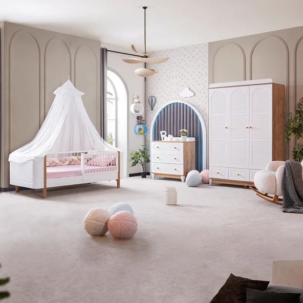 Perla Meşe Çocuk Odası, Ceviz Perla 3 Kapaklı Dolap Şifonyer Perla Karyola