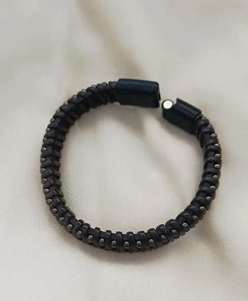Bileklik Hakiki Deri Örgü Unisex (20.3 cm) Boncuklu Bilezik - Resim 3