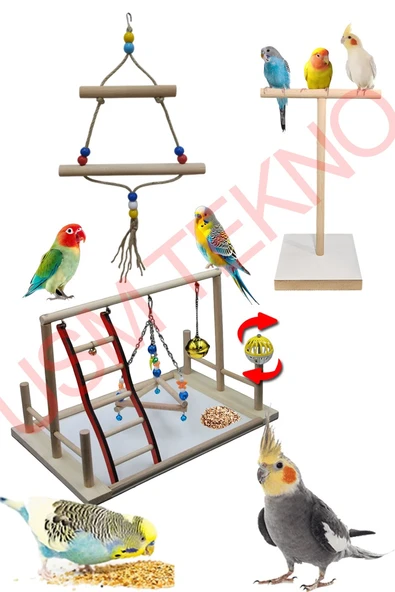 Kuş Oyuncağı Kuş Oyun Parkı Salıncak T Tünek 3 Lü Set Muhabbet Papağan Oyuncağı Kuş Aksesuarları - 4
