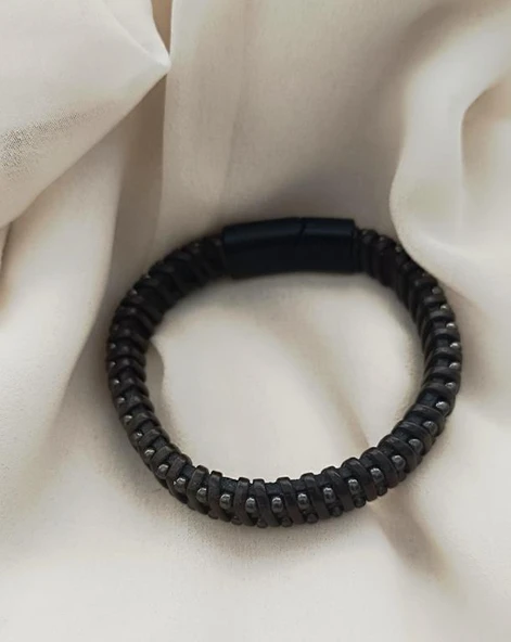 Bileklik Hakiki Deri Örgü Unisex (20.3 cm) Boncuklu Bilezik - Resim 4