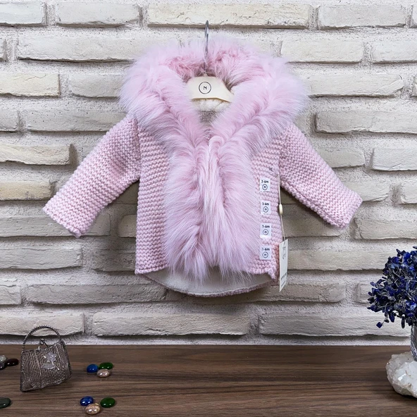 Doğal Yünden Kürklü %100 Organik Pamuk Astarlı Örgü Çok Şık Kız Bebek Hırka - 2