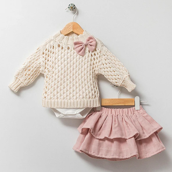 Kız Bebek Takım Ekru 3'lü Set: %100 Organik Pamuk Fiyonklu File Kazak+Katlı Etek+İç Body