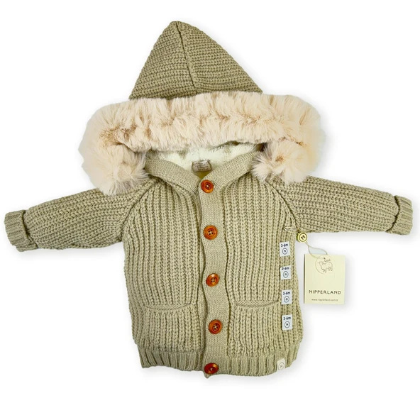 Unısex Kapşonlu Kürklü Astarı Yünlü Premium Bebek Hırka - 3