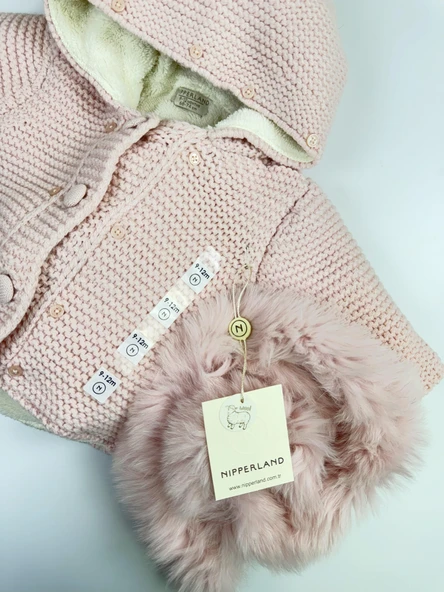 Doğal Yünden Kürklü %100 Organik Pamuk Astarlı Örgü Çok Şık Kız Bebek Hırka - 4