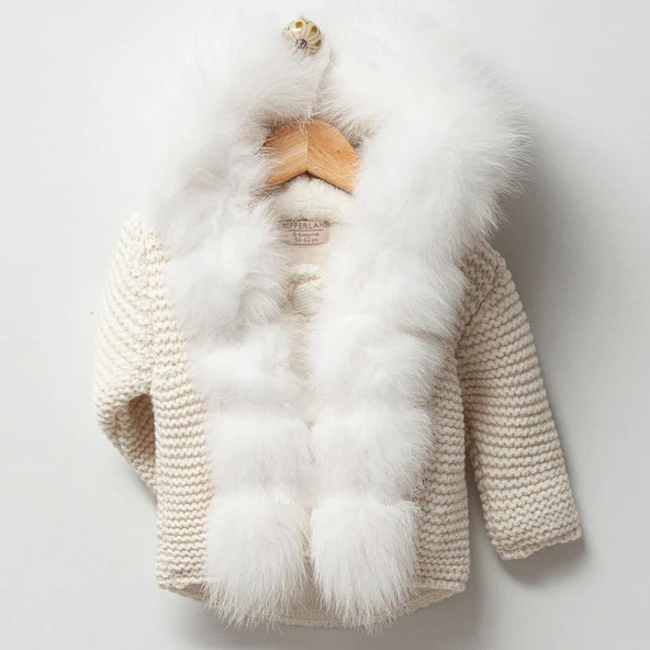 Doğal Yünden Kürklü %100 Organik Pamuk Astarlı Örgü Çok Şık Bebek Hırka