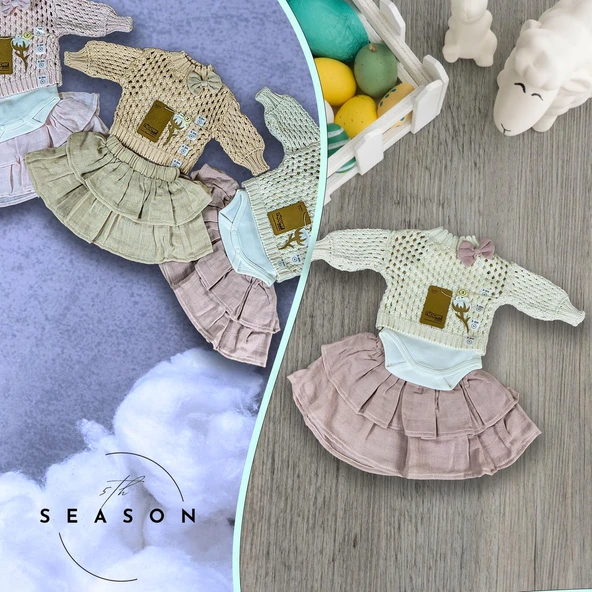 Kız Bebek Takım Ekru 3'lü Set: %100 Organik Pamuk Fiyonklu File Kazak+Katlı Etek+İç Body - 2