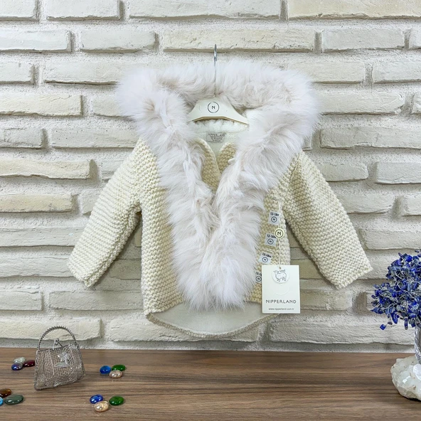 Doğal Yünden Kürklü %100 Organik Pamuk Astarlı Örgü Çok Şık Bebek Hırka - 2