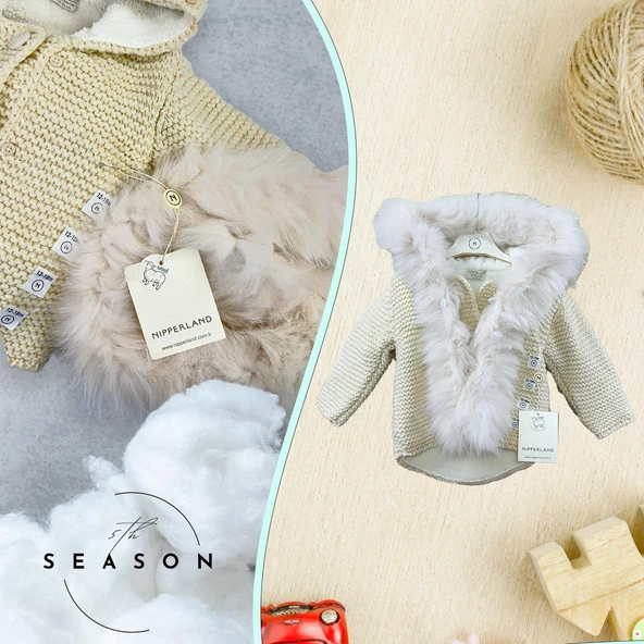 Doğal Yünden Kürklü %100 Organik Pamuk Astarlı Örgü Çok Şık Bebek Hırka - 5