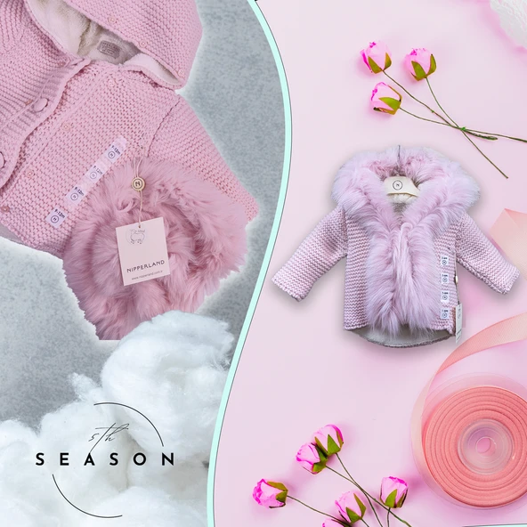 Doğal Yünden Kürklü %100 Organik Pamuk Astarlı Örgü Çok Şık Kız Bebek Hırka - 5