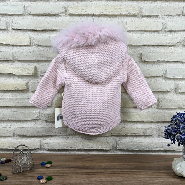 Doğal Yünden Kürklü %100 Organik Pamuk Astarlı Örgü Çok Şık Kız Bebek Hırka - 3