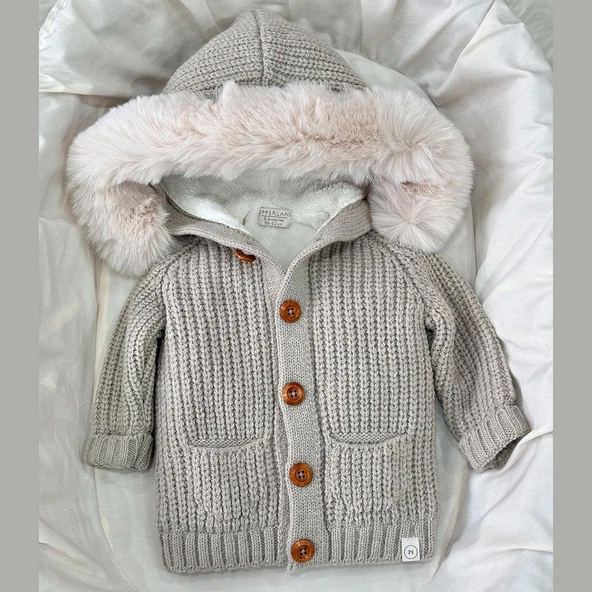 Unısex Kapşonlu Kürklü Astarı Yünlü Premium Bebek Hırka