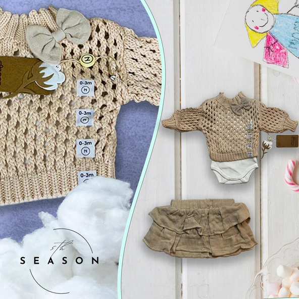 Kız Bebek Takım Bej 3'lü Set: %100 Organik Pamuk Fiyonklu File Kazak+Katlı Etek+İç Body - 3