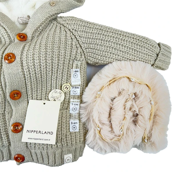 Unısex Kapşonlu Kürklü Astarı Yünlü Premium Bebek Hırka - 2