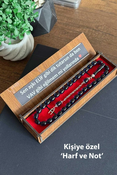 Kişiye Özel Harf ve Notlu Ahşap Kutuda Toz Kehribar Tesbih