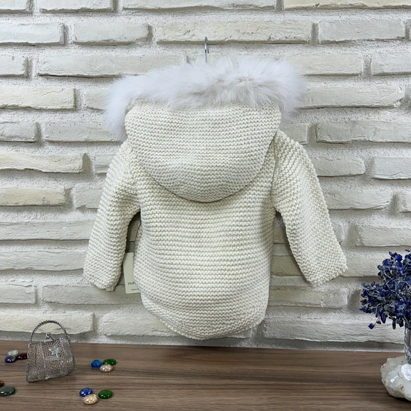 Doğal Yünden Kürklü %100 Organik Pamuk Astarlı Örgü Çok Şık Bebek Hırka - 3