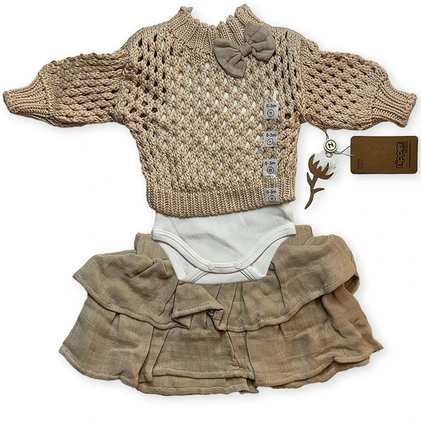 Kız Bebek Takım Bej 3'lü Set: %100 Organik Pamuk Fiyonklu File Kazak+Katlı Etek+İç Body - 2