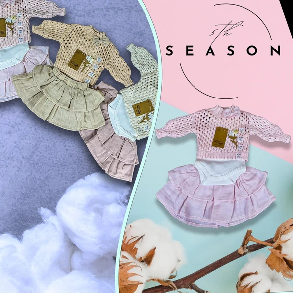 Kız Bebek Takım Pembe 3'lü Set: %100 Organik Pamuk Fiyonklu File Kazak+Katlı Etek+İç Body - 2