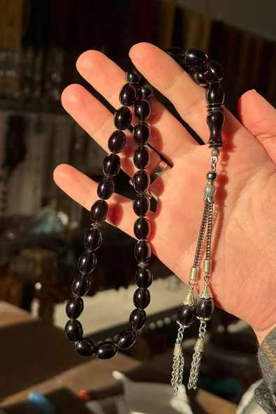 İri Boy Güzel Çekimli Koyu Mor Ateş Kehribar Tesbih