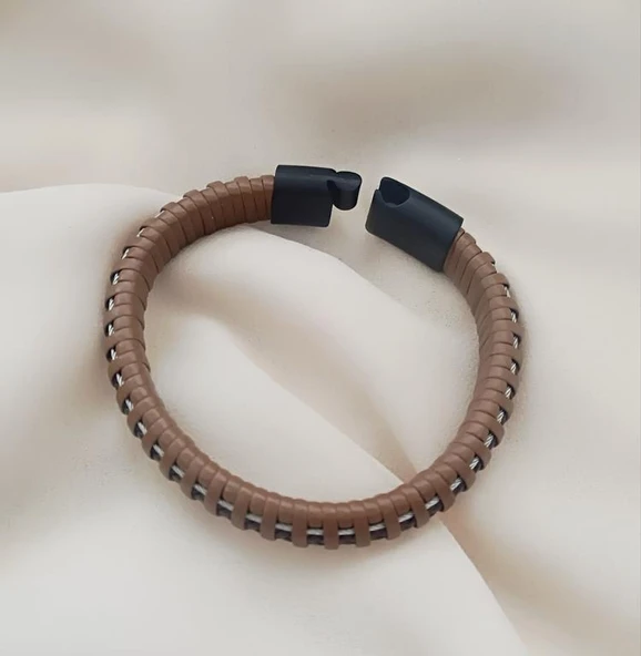 21 cm Bileklik Hakiki Deri Örgü Unisex Kahverengi Bilezik - Resim 3