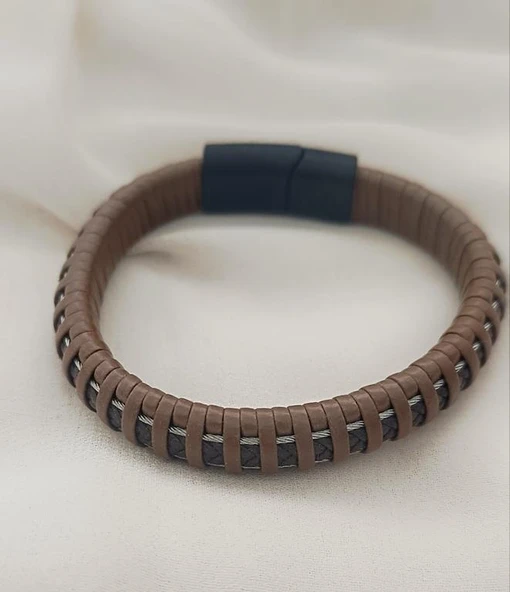 21 cm Bileklik Hakiki Deri Örgü Unisex Kahverengi Bilezik - Resim 5