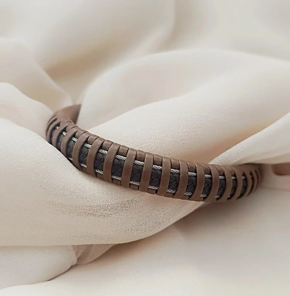 21 cm Bileklik Hakiki Deri Örgü Unisex Kahverengi Bilezik ürün görseli