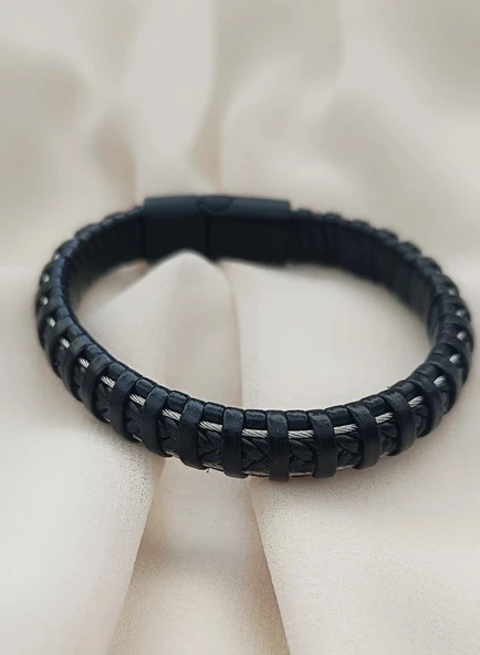 Bileklik Hakiki Deri Örgü Unisex (20.5 cm) Boncuklu Bilezik - 4