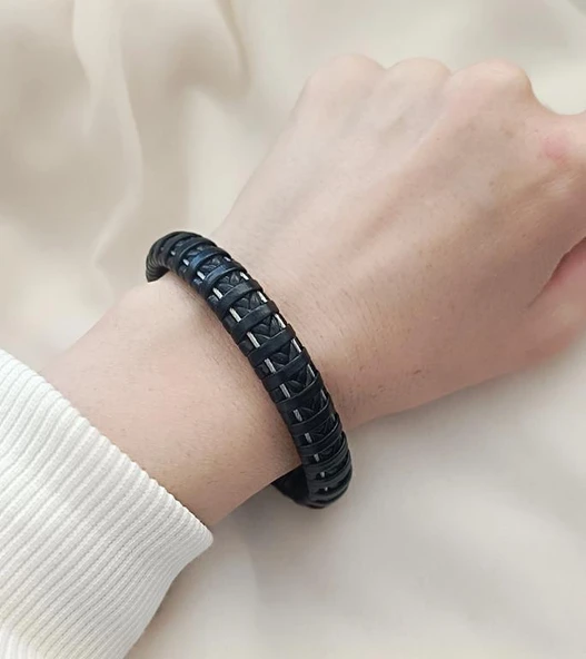 Bileklik Hakiki Deri Örgü Unisex (20.5 cm) Boncuklu Bilezik - 2