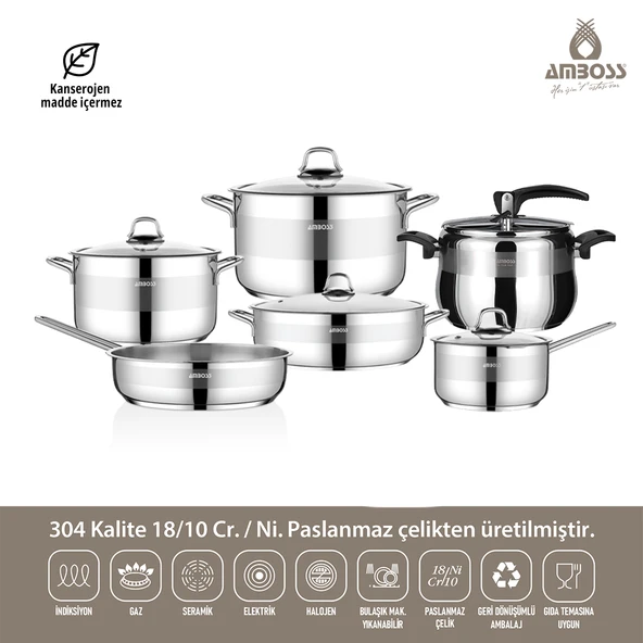 Merkür 11 Parça Tüm Ocaklara Uyumlu Paslanmaz Çelik Tencere Tava Sütlük Düdüklü Tencere Seti MER-2835 ürün görseli 1