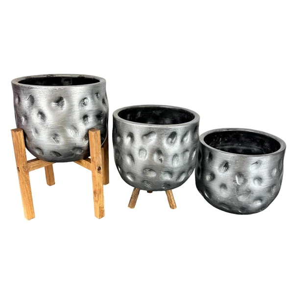 Bitki Tasarımı Ev Dekorasyon Aksesuar Gümüş Desenli Toprak Saksı Saksılık Salon Çiçeklik Üçlü Set 19 CM - 4