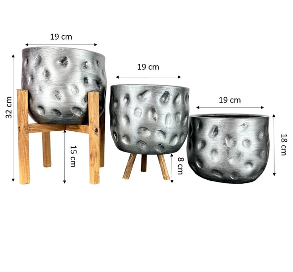 Bitki Tasarımı Ev Dekorasyon Aksesuar Gümüş Desenli Toprak Saksı Saksılık Salon Çiçeklik Üçlü Set 19 CM - 2