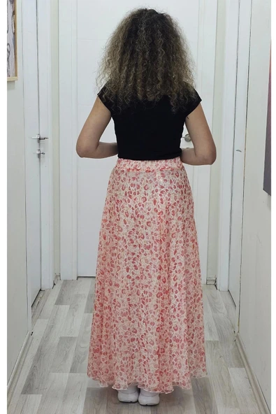Bel Lastikli Kloş Şifon Etek 6003-Beyaz/Turuncu - 4