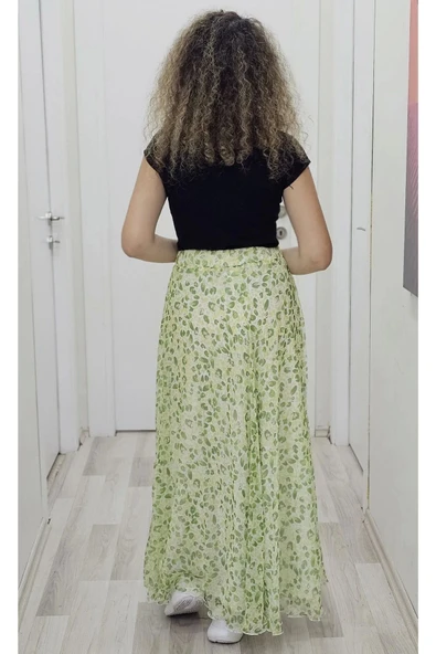 Bel Lastikli Kloş Şifon Etek 6003-Beyaz/Yeşil - 4