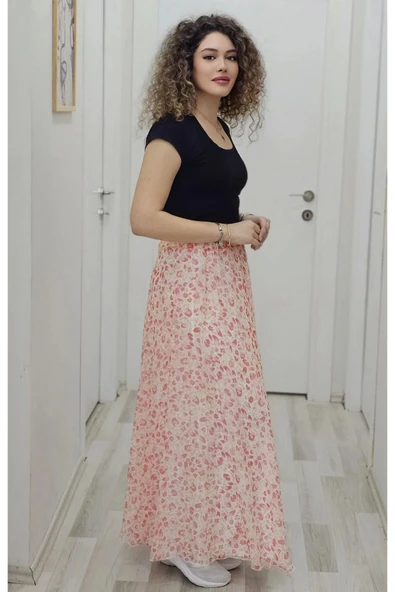 Bel Lastikli Kloş Şifon Etek 6003-Beyaz/Turuncu - 3