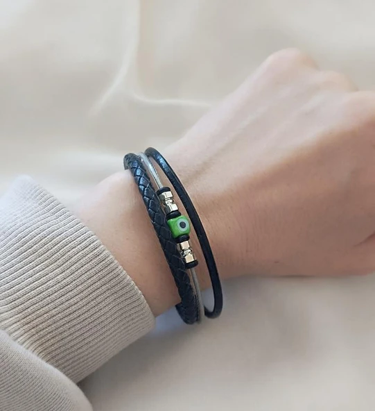 Bileklik Hakiki Deri Örgü Unisex 20 cm Cam Nazar Boncuklu Bilezik Takı Aksesuar - 2