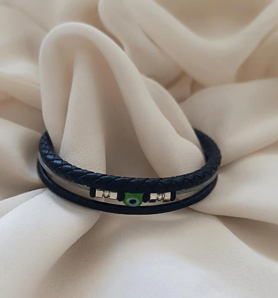 Bileklik Hakiki Deri Örgü Unisex 20 cm Cam Nazar Boncuklu Bilezik Takı Aksesuar - 8