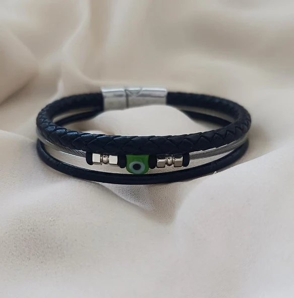 Bileklik Hakiki Deri Örgü Unisex 20 cm Cam Nazar Boncuklu Bilezik Takı Aksesuar - 4