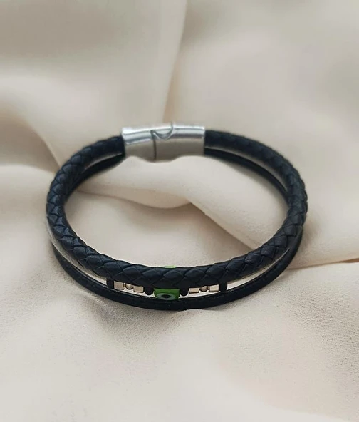 Bileklik Hakiki Deri Örgü Unisex 20 cm Cam Nazar Boncuklu Bilezik Takı Aksesuar - 7