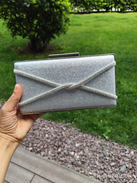 Saten Çapraz Sıra Taşlı Lüks Abiye Çanta - 3