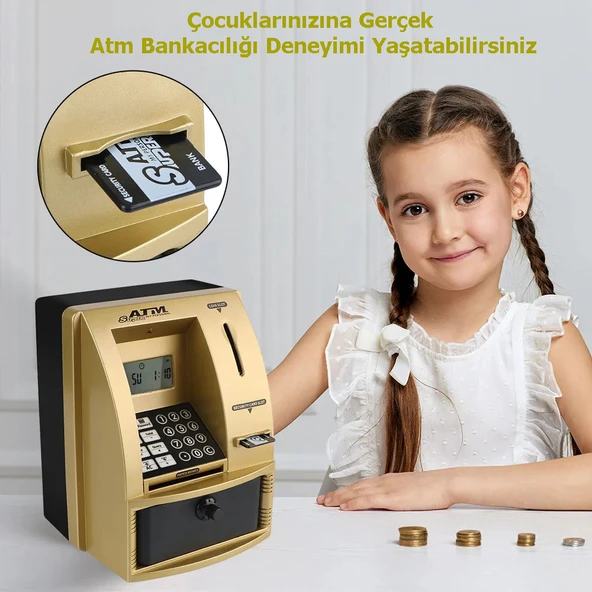Monozone Şifreli Kumbara ATM Şekilli Eğitici Hesap Makinesi Sesli Komut LCD Ekran Saat Takvim Alarm - 6