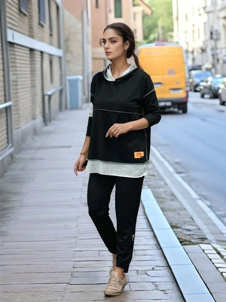 Lucky Life Kadın Siyah Kapşonlu Etek Ucu Detay Arma Ters Dikiş Gorunumlu Ikili Takım - Resim 4