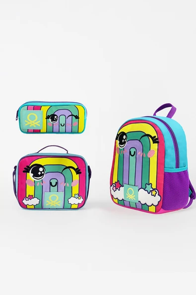 Gökkuşağı Desenli Üçlü Anaokul Çantası Seti(tek Gözlü Sırt Çantası,çift Gözlü Kalem Kutusu,beslenme ürün görseli 1
