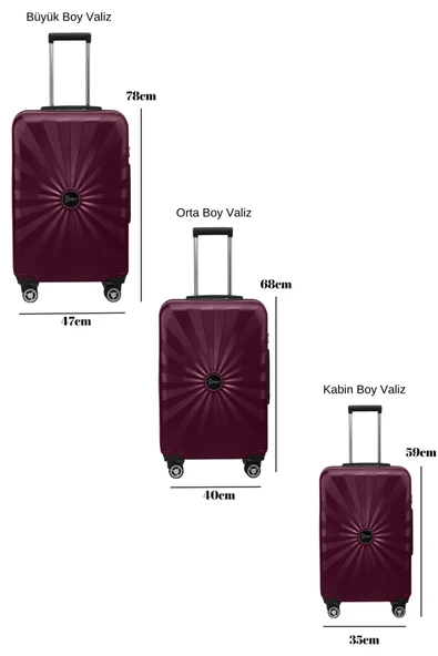 3'lü Valiz Seti Polikarbon Valiz 4x2 Teker Bordo 1809 - Resim 2