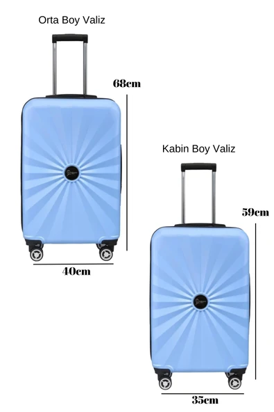 2'li Valiz Seti Polikarbon Orta Boy - Kabin Boy Valiz Mavi 1809 - Resim 2