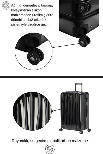 2'li Valiz Seti Polikarbon Büyük Boy – Kabin Boy Valiz Siyah 1815 - Resim 3