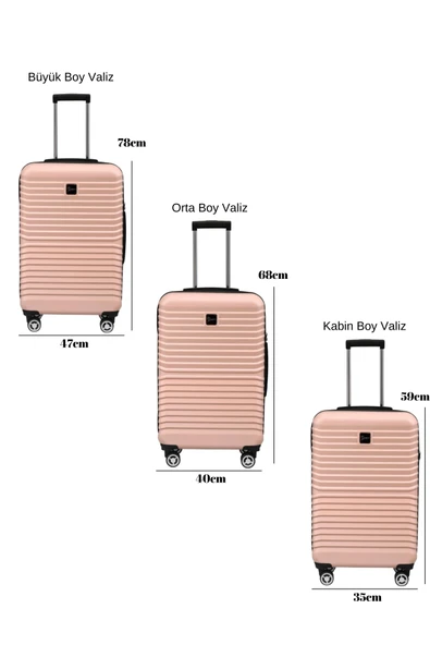 3'lü Valiz Seti Polikarbon Valiz 4x2 Teker Pudra 1811 - Resim 2