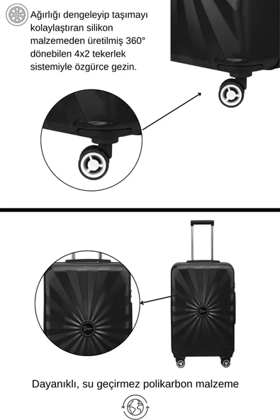 Kabin Boy %100 Polikarbon Valiz 4x2 Teker Siyah 1809 - Resim 3