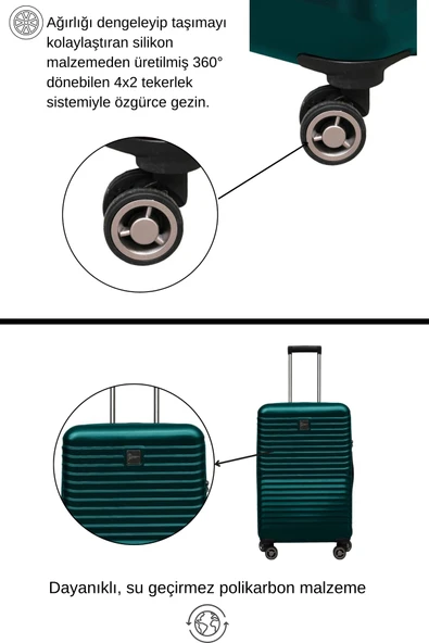 2'li Valiz Seti Polikarbon Büyük Boy – Orta Boy Valiz Petrol 1811 - Resim 3