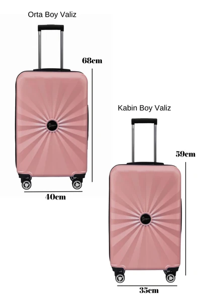 2'li Valiz Seti Polikarbon Orta Boy - Kabin Boy Valiz Rose 1809 - 2