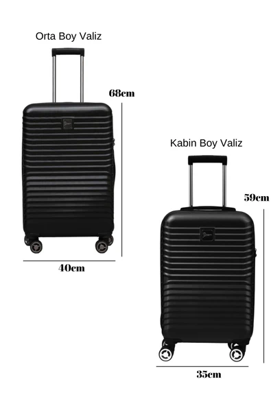 2'li Valiz Seti Polikarbon Orta Boy - Kabin Boy Valiz Siyah 1811 - Resim 2